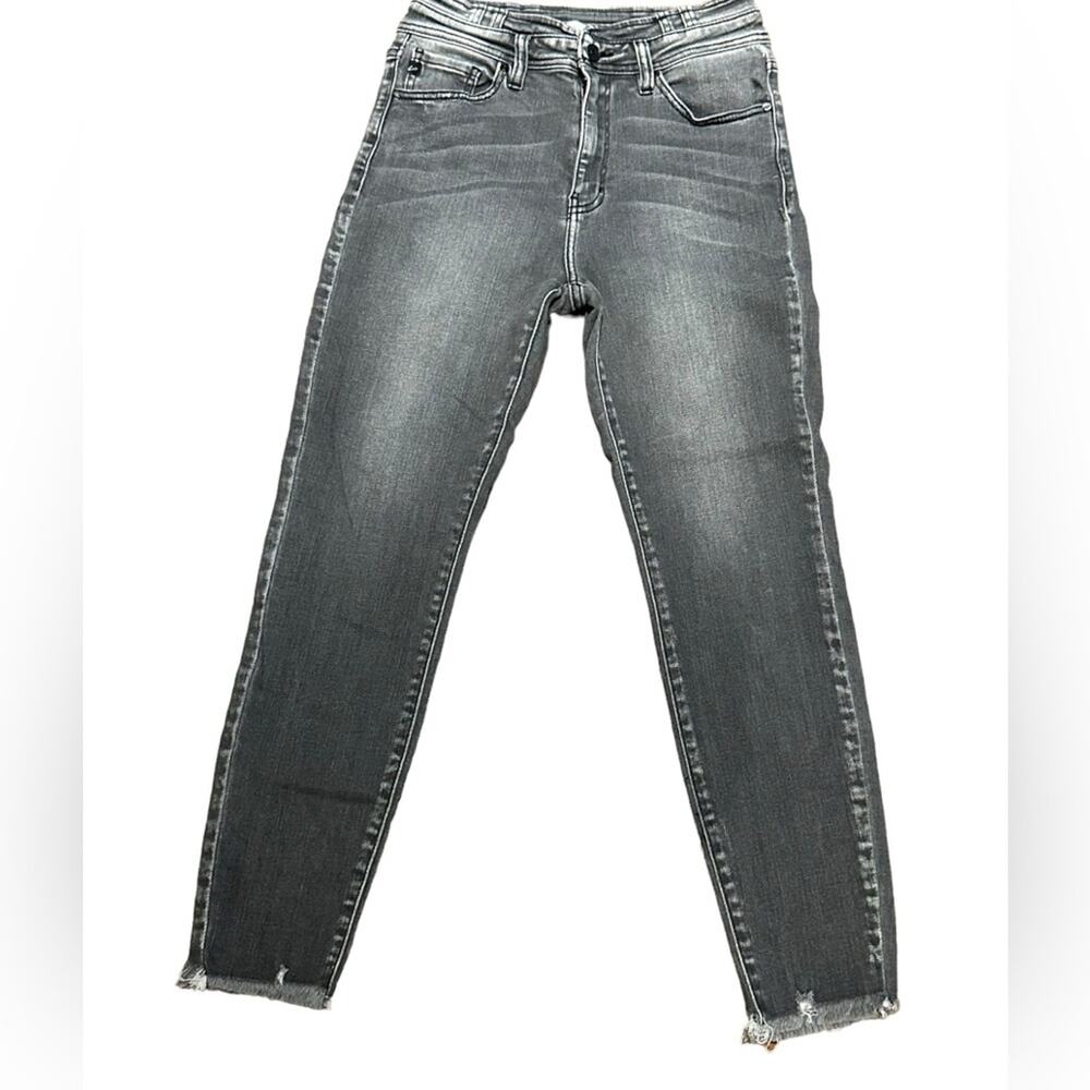 KanCan Women’s Size 28 Distressed Gray High Waisted Slim Straight Jeans Raw Hem
